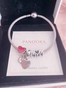 Mom Heart Pandora 3 Charms Bangle Set Italy Silver 925