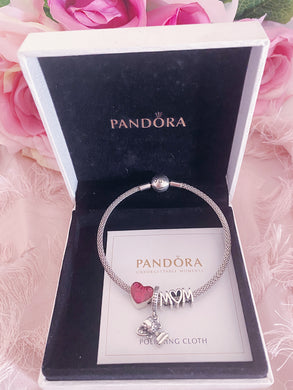 Heart Best Mom Trophy Pandora 3 Charms Bangle  Set Italy Silver 925