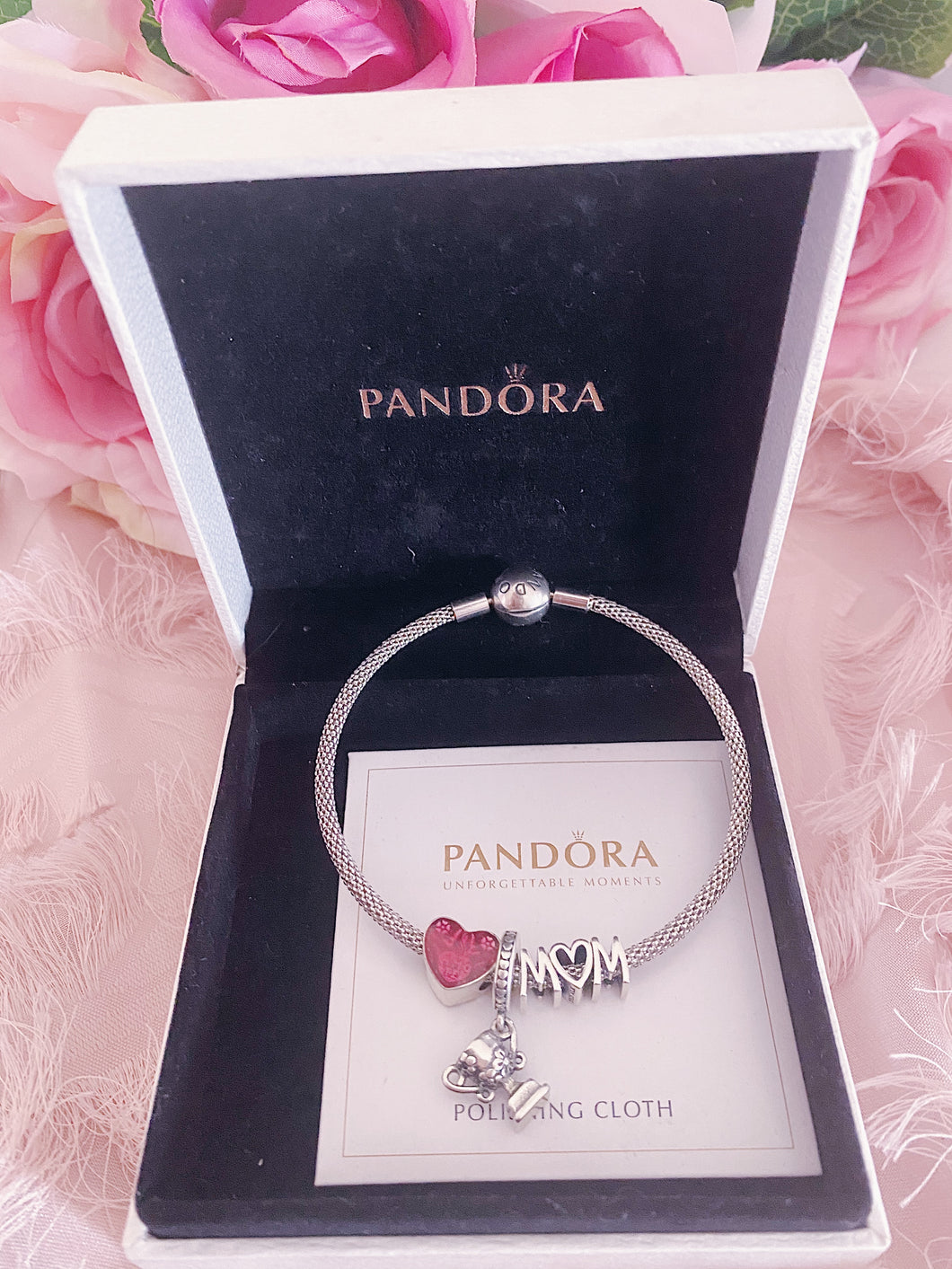 Heart Best Mom Trophy Pandora 3 Charms Bangle  Set Italy Silver 925