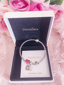 Mom Heart Pandora 3 Charms Bangle Set Italy Silver 925