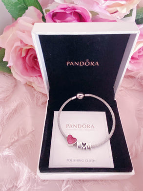 Heart Mom Pandora 2 Charms Bangle Set Italy Silver 925